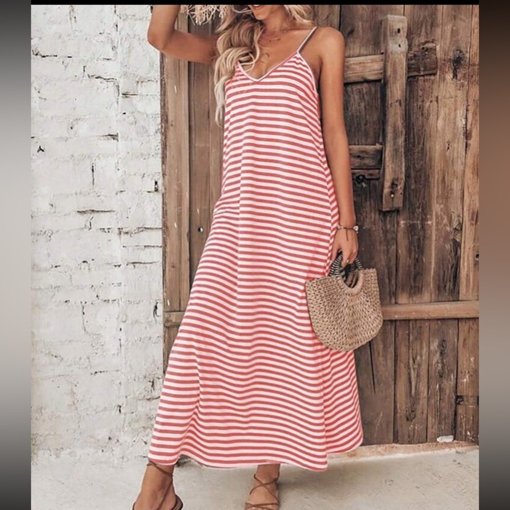 New Pink Striped Cami Maxi Dress